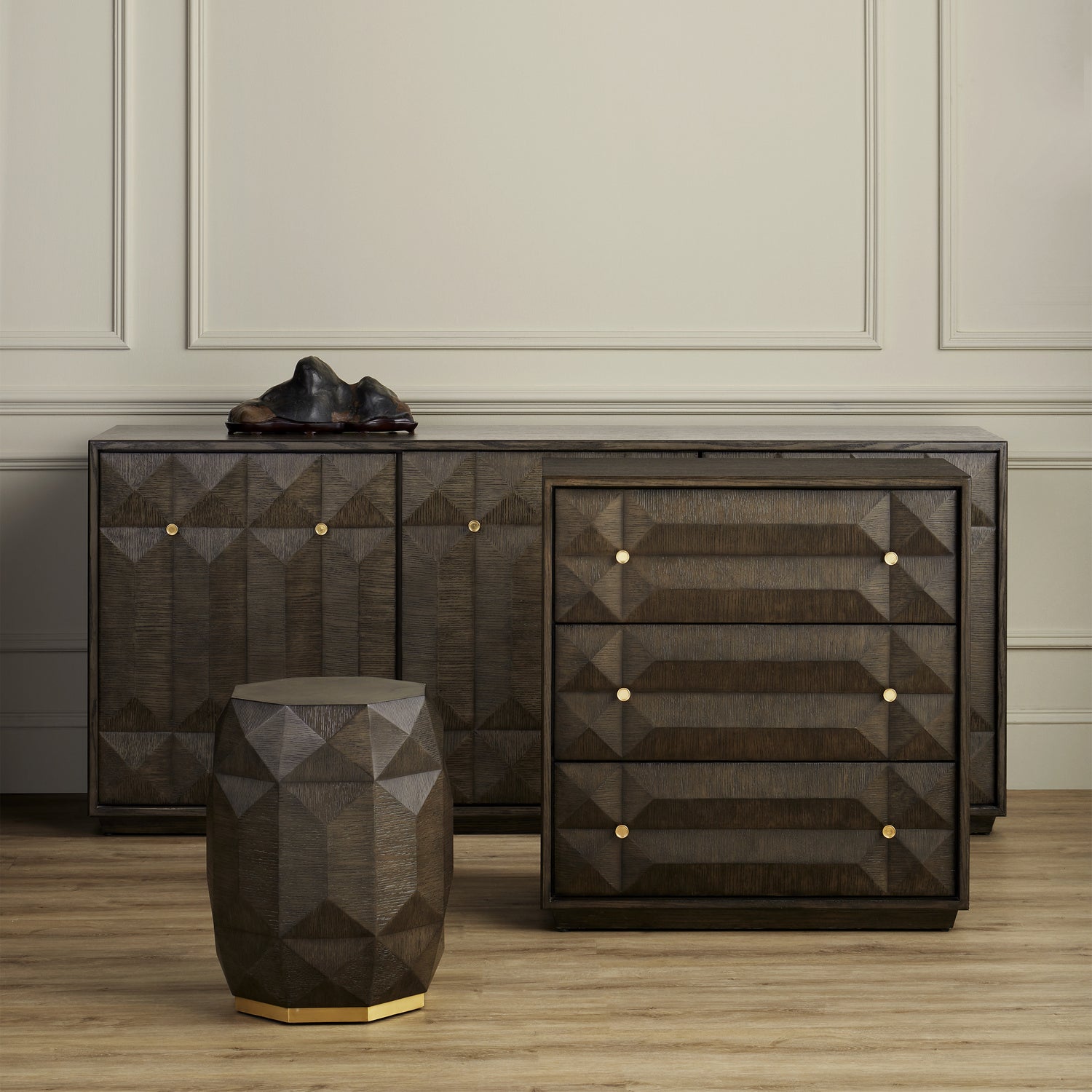 Credenza from the Kendall collection in Dove Gray/Polished Brass finish