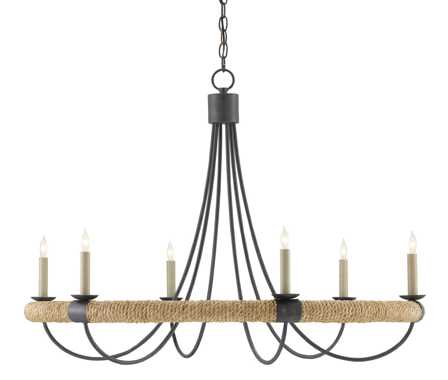 Six Light Chandelier from the Shipwright collection in French Black/Smokewood/Natural Abaca Rope finish