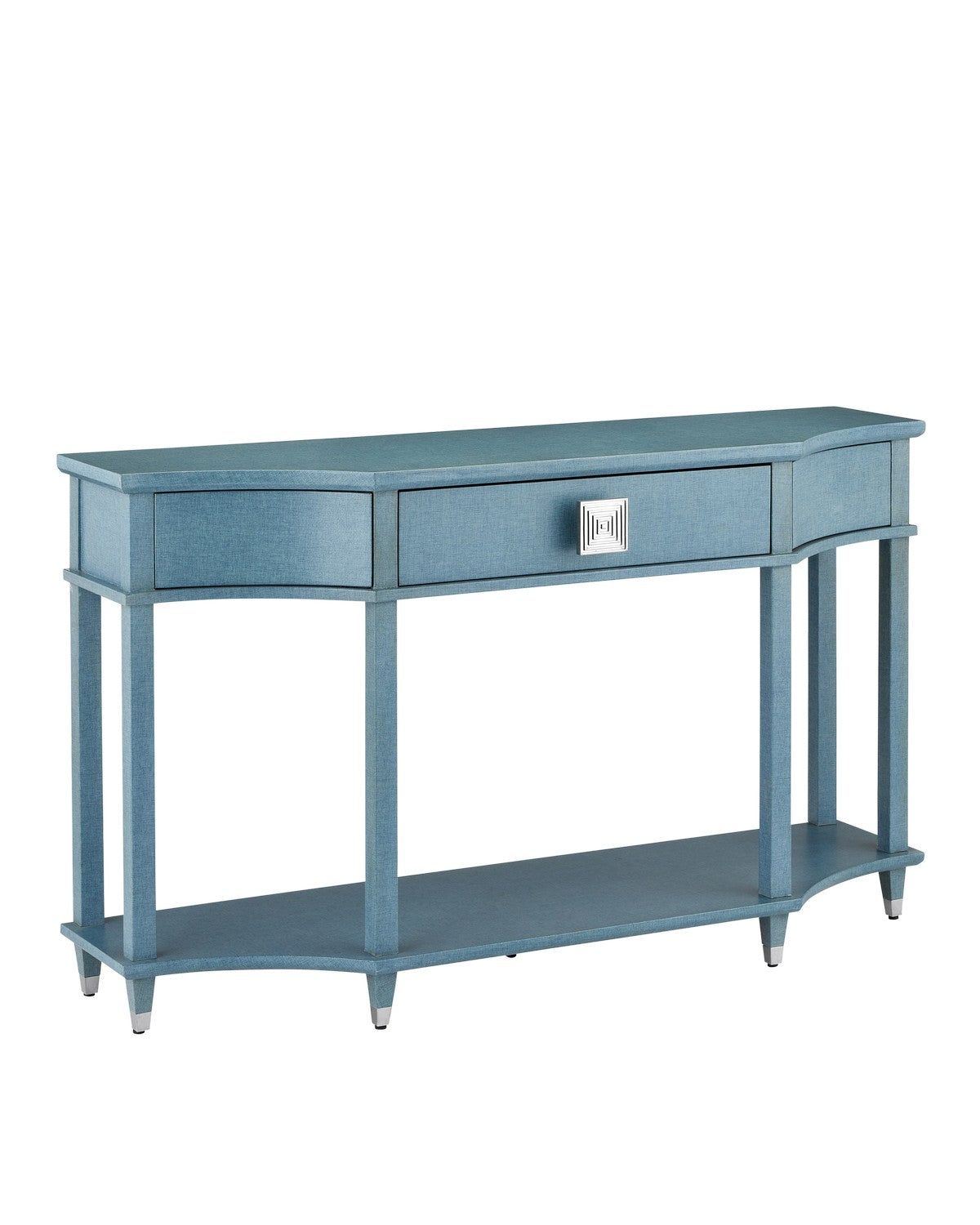 Console Table from the Maya collection in Lacquered Blue Linen/Washed Mahogany/Polished Stainless Steel finish