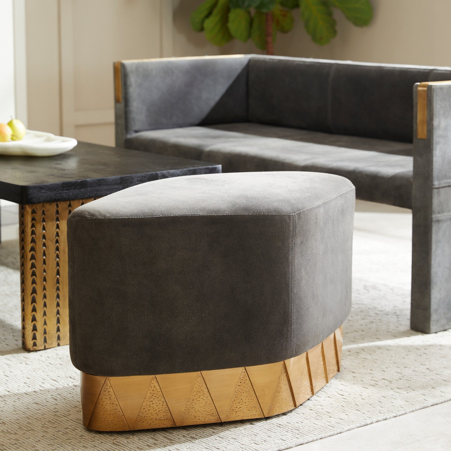 Ottoman from the Duvall collection in Slate Grey/Antique Brass finish