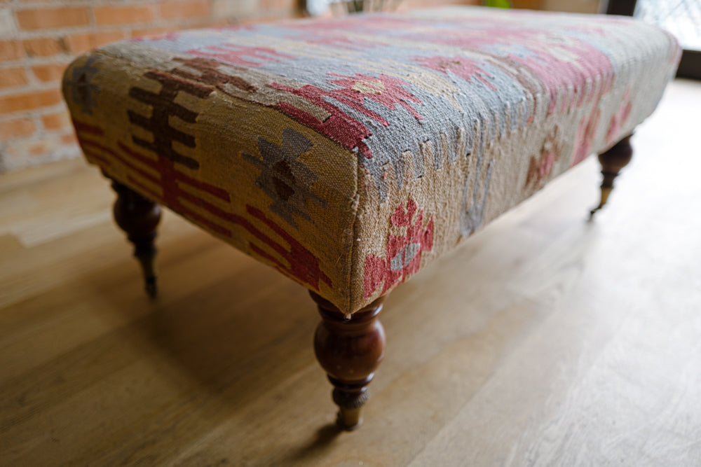 Vintage Reupholstered Kilim Rug Ottoman Table