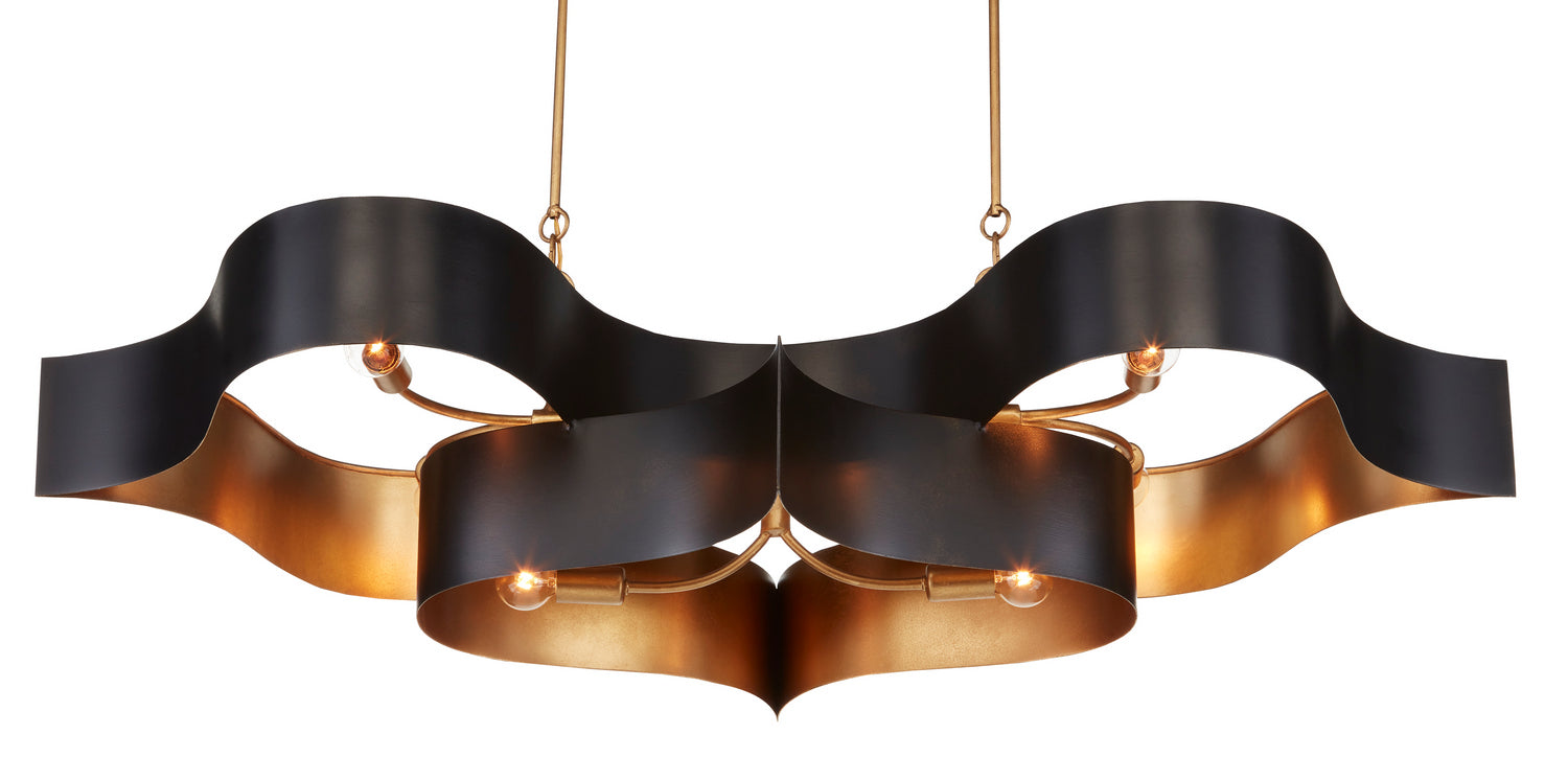 Six Light Chandelier from the Grand Lotus collection in Satin Black/Contemporary Gold Leaf finish