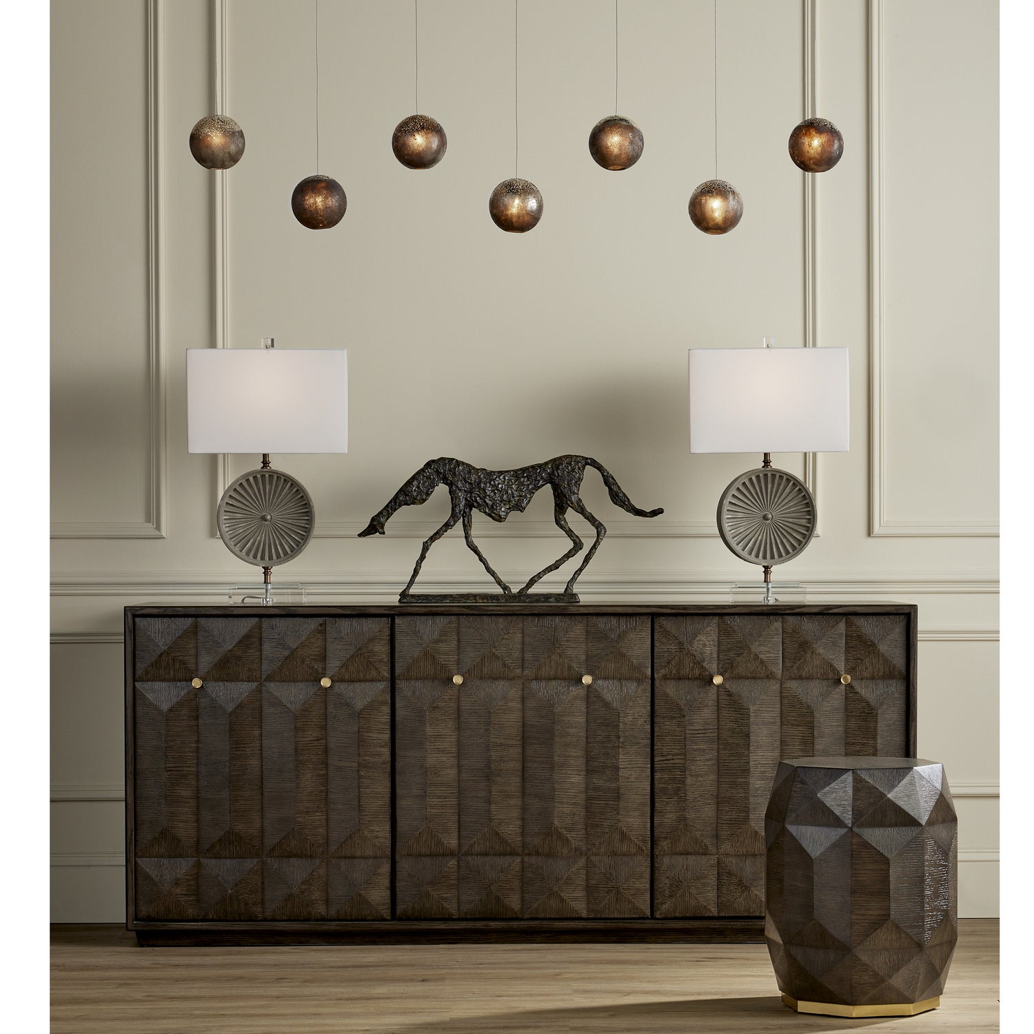 Seven Light Pendant from the Pathos collection in Antique Silver/Antique Gold/Matte Charcoal finish