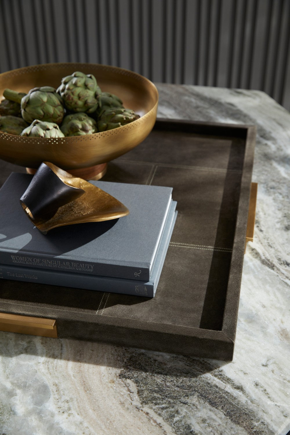 Tray from the Dillard collection in Moss Gray/Antique Brass finish