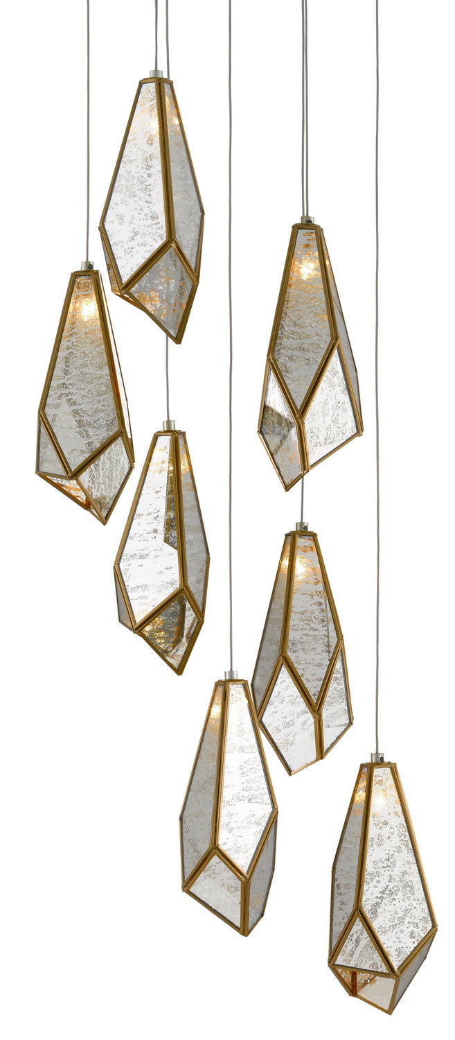 Seven Light Pendant from the Glace collection in Painted Silver/Antique Brass finish