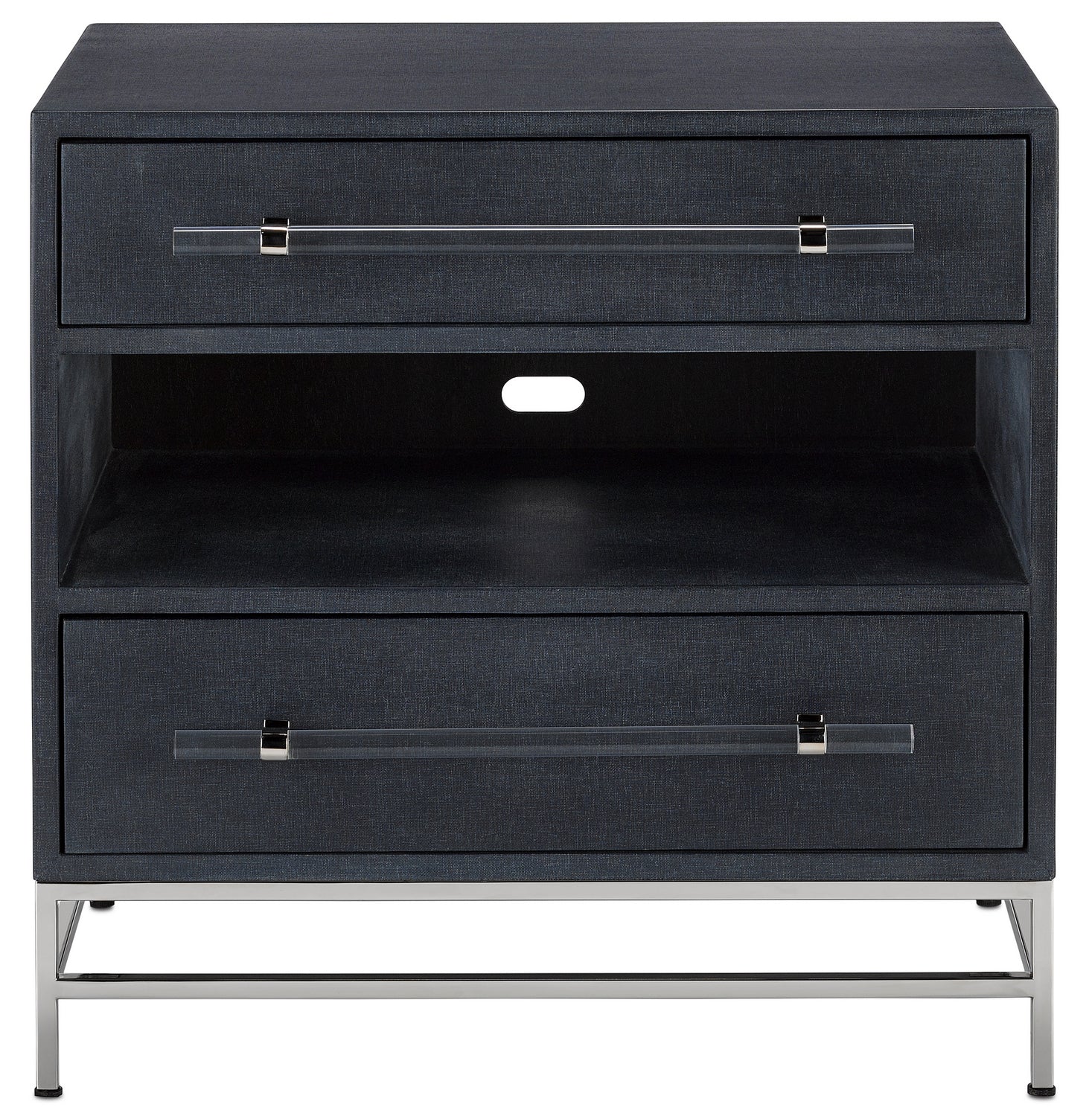 Nightstand from the Marcel collection in Navy Lacquered Linen/Polished Nickel/Black/Clear finish