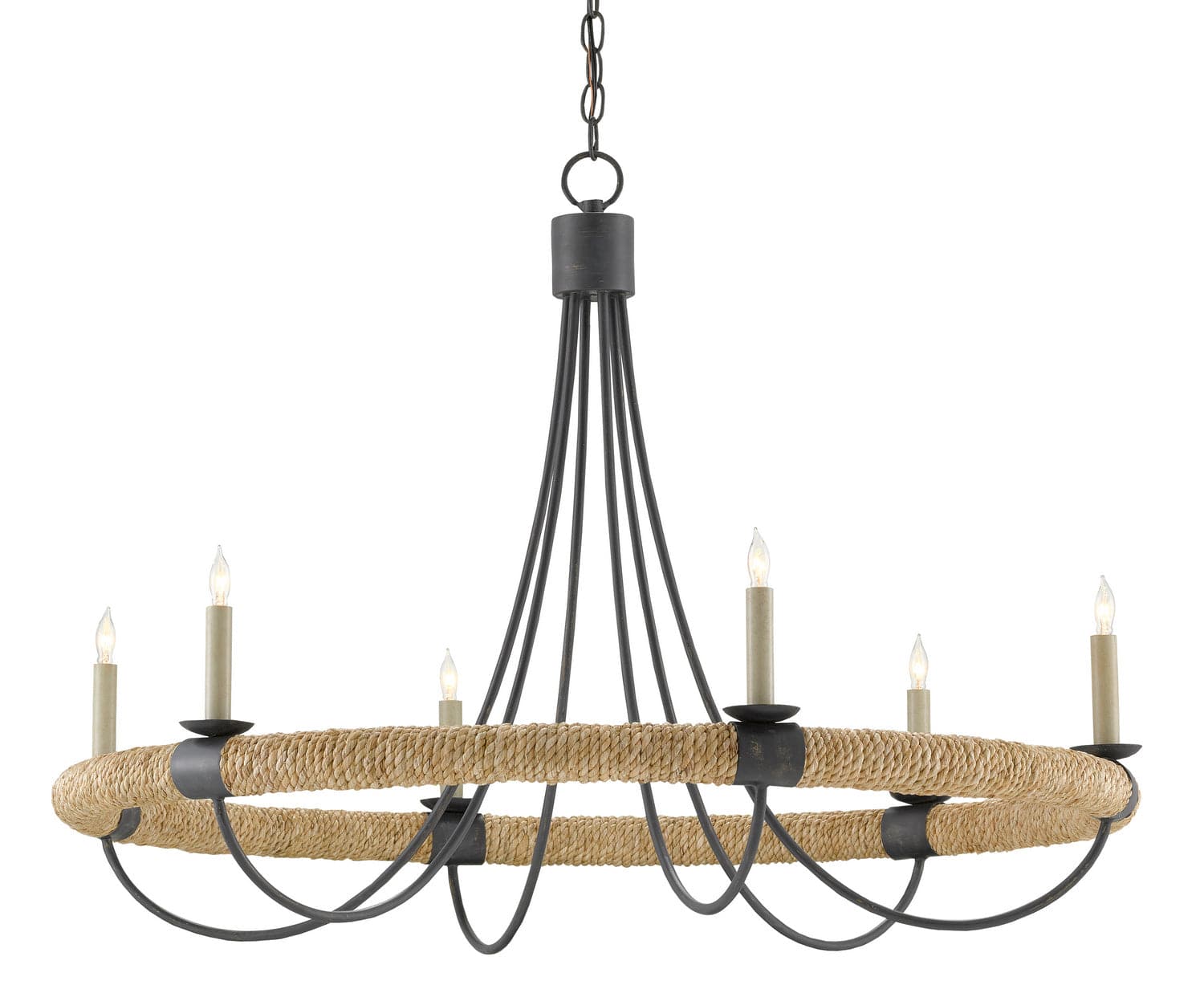 Six Light Chandelier from the Shipwright collection in French Black/Smokewood/Natural Abaca Rope finish